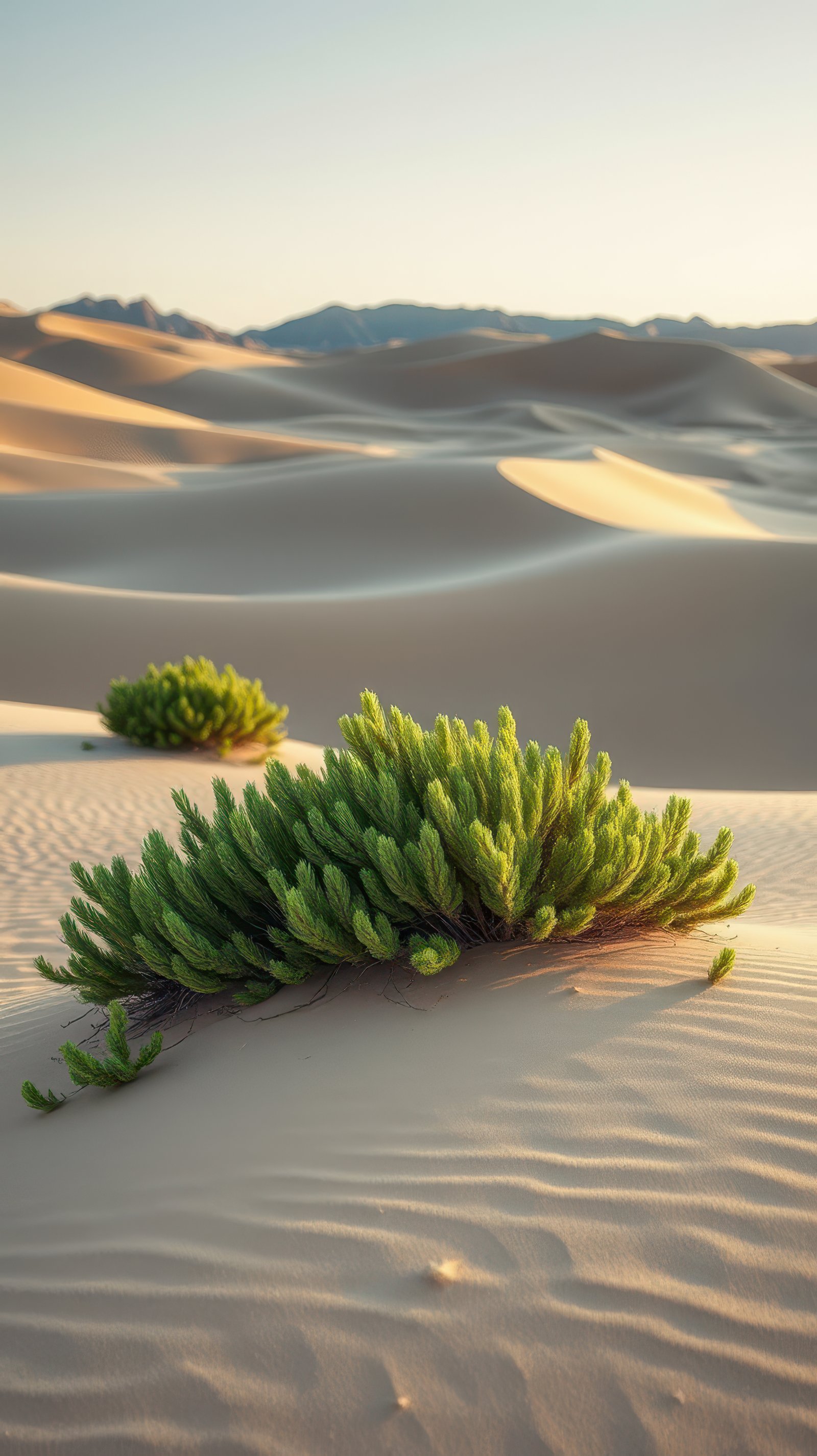 Green shrubs grow in the white sand dunes of a desert at sunset